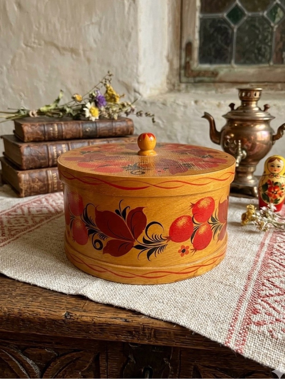 Hand-Painted Wooden Box with Red Floral Motif